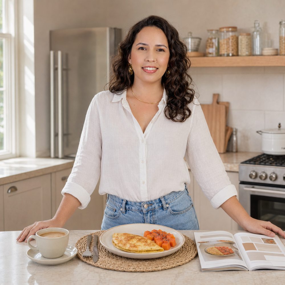Nutri Thayssa Bernardino na cozinha com refeição saudável e cardápio