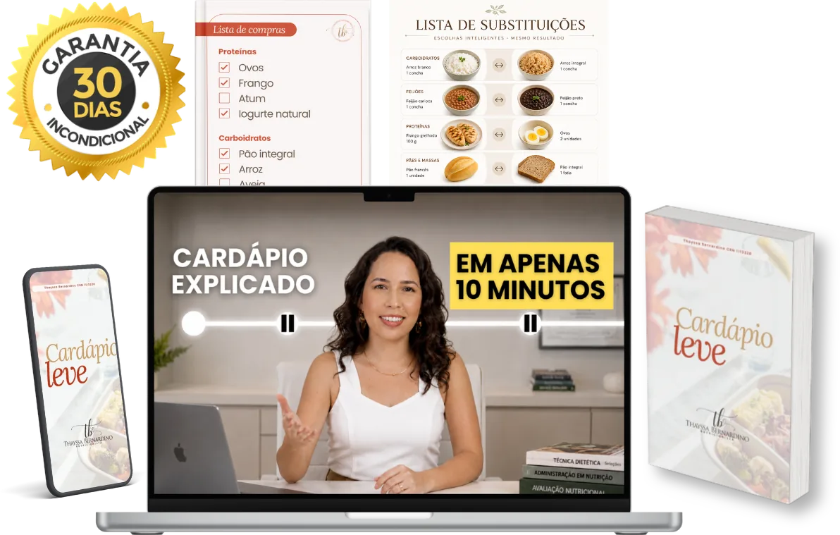 Tudo o que você recebe: aulas em vídeo, cardápios, lista de compras, substituições e garantia de 30 dias