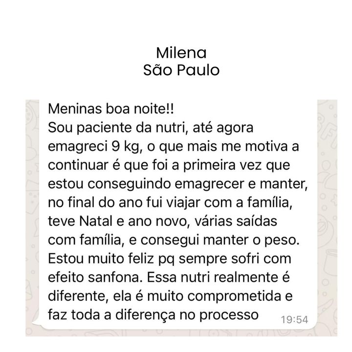 Mensagem de Milena: emagreci 9kg e consegui manter no fim do ano